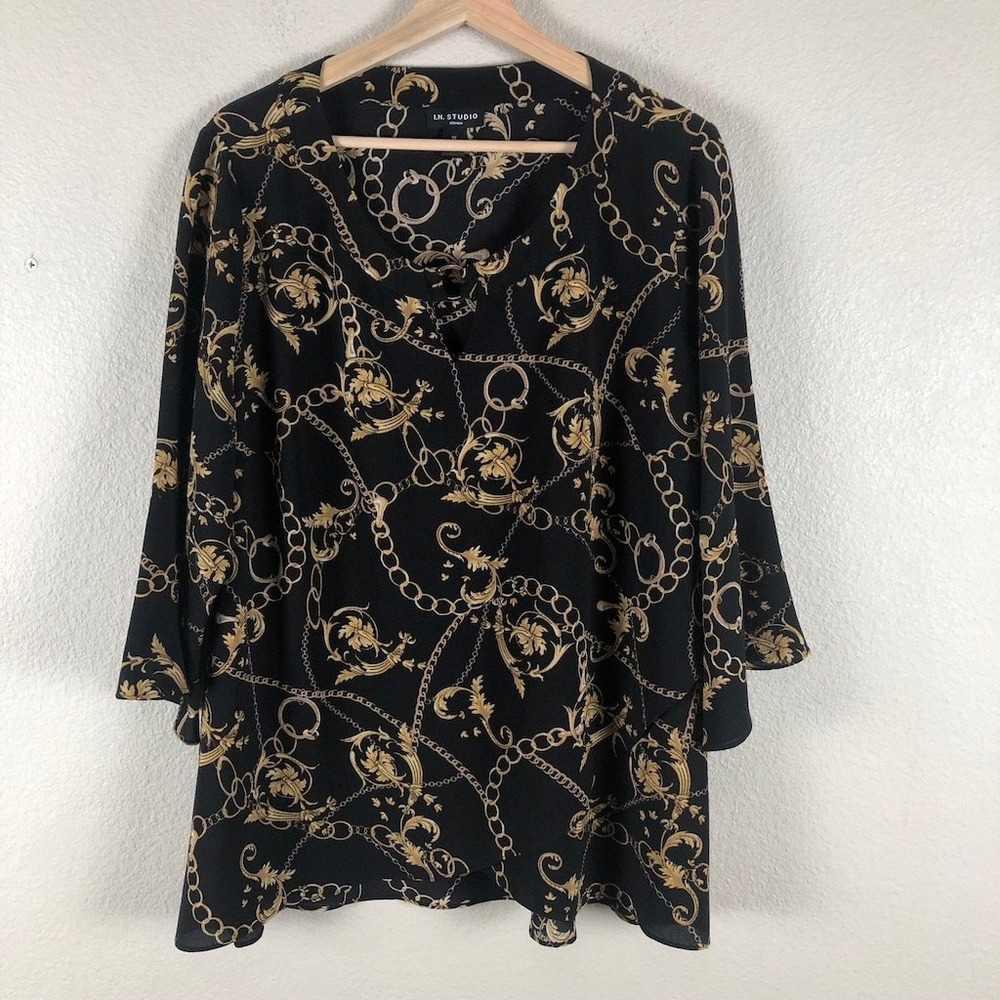 IN‎ Studio Chain Print Tunic Shirt Women 1X Black Gold Baroque Quiet Luxury Work